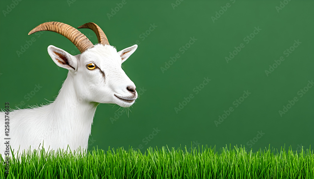 Fototapeta premium A white goat stands in grass against a green background, perfect for pet or farm ads
