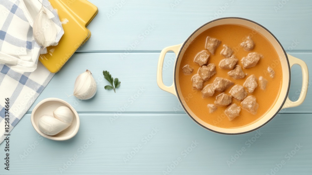 Fototapeta premium Authentic Estonian Cuisine Dish with Tender Meat in Creamy Sauce on Light Blue Background