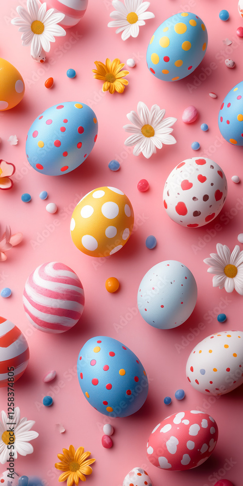 Overhead view to the colourful eggs surrounded by blooming daisies lying on the pink background. Easter concept. Overhead view to the colourful eggs surrounded by blooming daisies lying on the pink background. Easter concept.