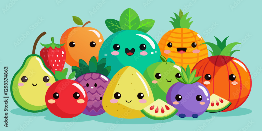 Naklejka premium Cute Cartoon Fruits in Kawaii Style with Smiling Faces and Bright Colors in Playful Vector Art