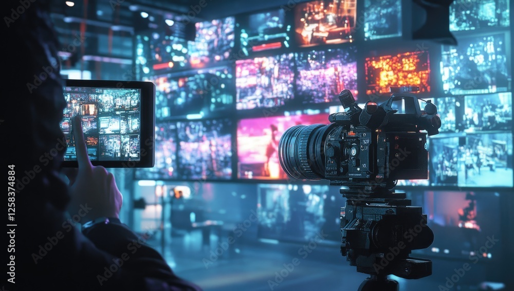 A camera is pointing at a screen, which displays multiple video images. A camera is pointing at a screen, which displays multiple video images.