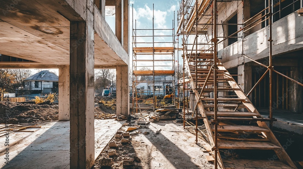 Unfinished concrete building under construction with scaffolding and stairs. Unfinished concrete building under construction with scaffolding and stairs.