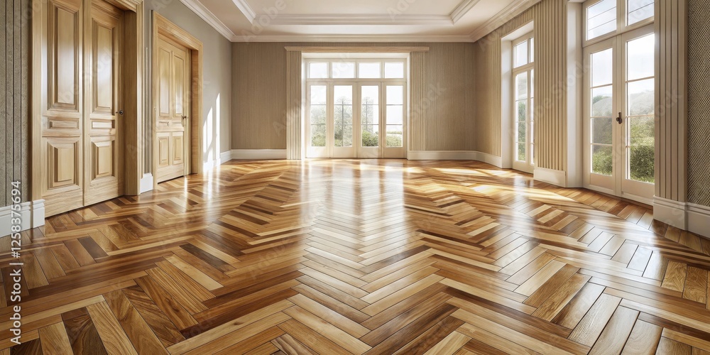 Obraz premium Sunlit Empty Room with Elegant Herringbone Wood Flooring and French Doors