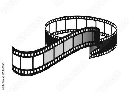 3D Curled Film Strip with Sprocket Holes in Black and White Cinematic Vintage Style