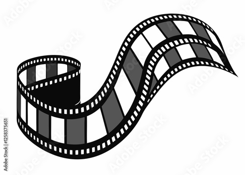 3D Curled Film Strip with Sprocket Holes in Black and White Cinematic Vintage Style