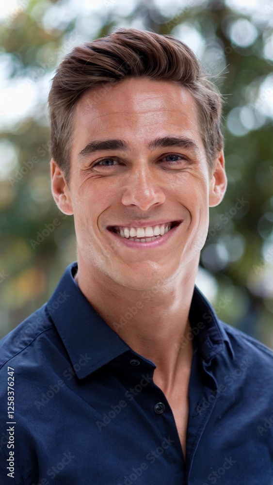 Smiling man in blue shirt enjoys cheerful day outdoors in sunny park setting Smiling man in blue shirt enjoys cheerful day outdoors in sunny park setting