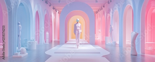 A futuristic, pastel-colored gallery features a lone figure walking along a white runway, framed by elegant arches and soft lighting.