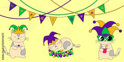 Cute Mardi Gras cats wearing jester hats and crowns. Clip art of Cute kitten illustration with festive Mardi Gras decorations