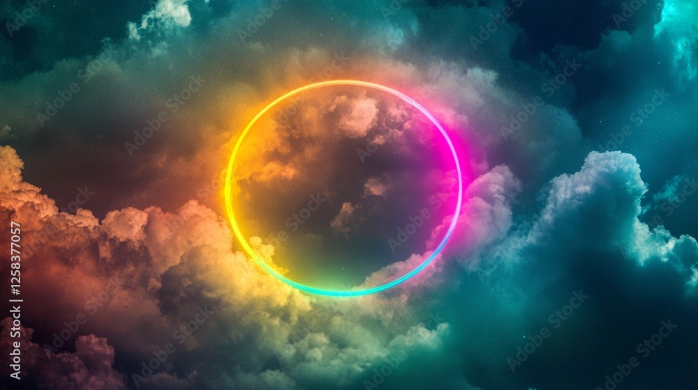 Abstract glowing cloud surrounded by glowing rainbow neon ring, surreal environment generative ai Abstract glowing cloud surrounded by glowing rainbow neon ring, surreal environment generative ai