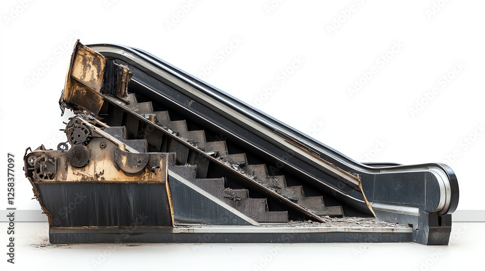 Damaged escalator with visible mechanisms on a white isolated background. Damaged escalator with visible mechanisms on a white isolated background.