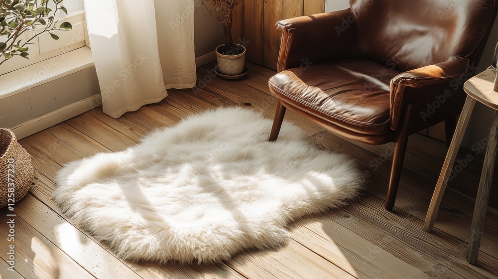 Cozy chair with a fluffy rug in sunlight. Cozy chair with a fluffy rug in sunlight.