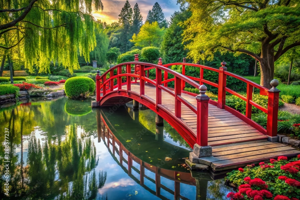 Red Rail Bridge Over Canal to Green Garden - Tranquil Landscape Stock Photo Red Rail Bridge Over Canal to Green Garden - Tranquil Landscape Stock Photo