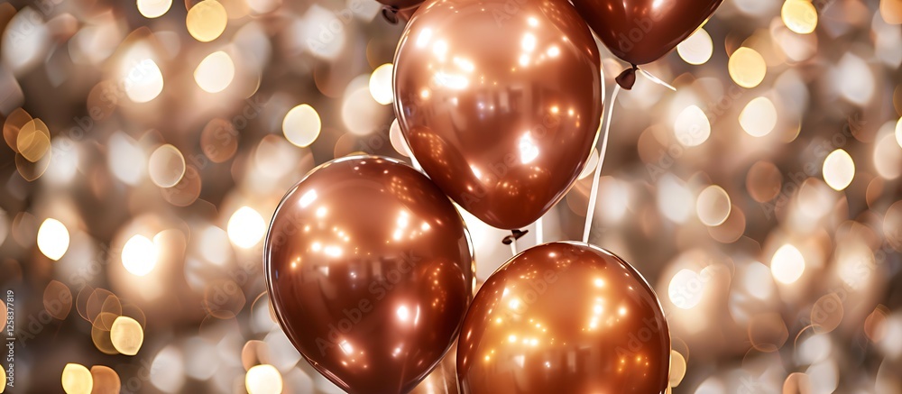 Metallic balloons in shades of copper and bronze, elegant bokeh light background, perfect for party decor. Metallic balloons in shades of copper and bronze, elegant bokeh light background, perfect for party decor.