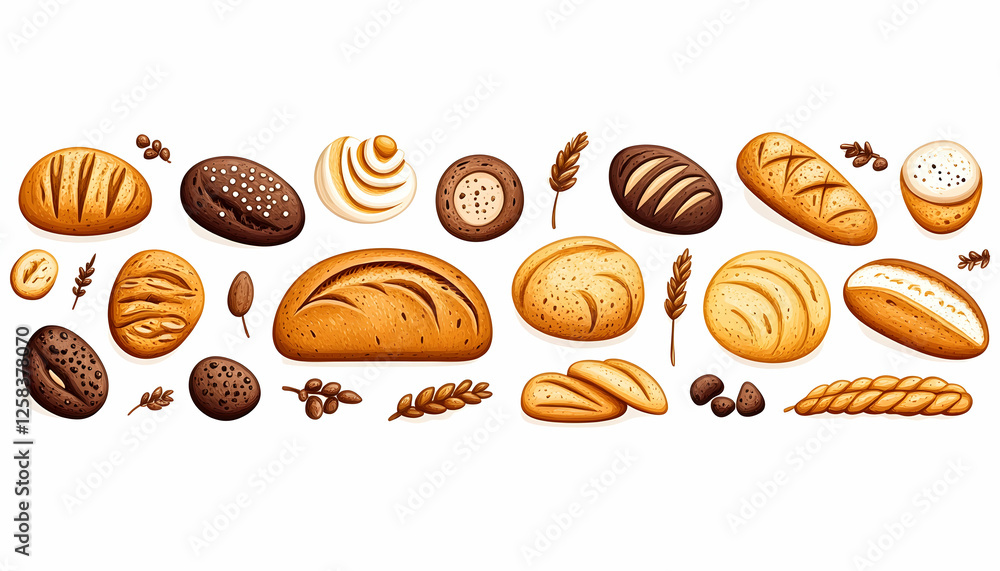 Assortment of breads on white. Loaves for baking at home. Food display for bakery concept Assortment of breads on white. Loaves for baking at home. Food display for bakery concept