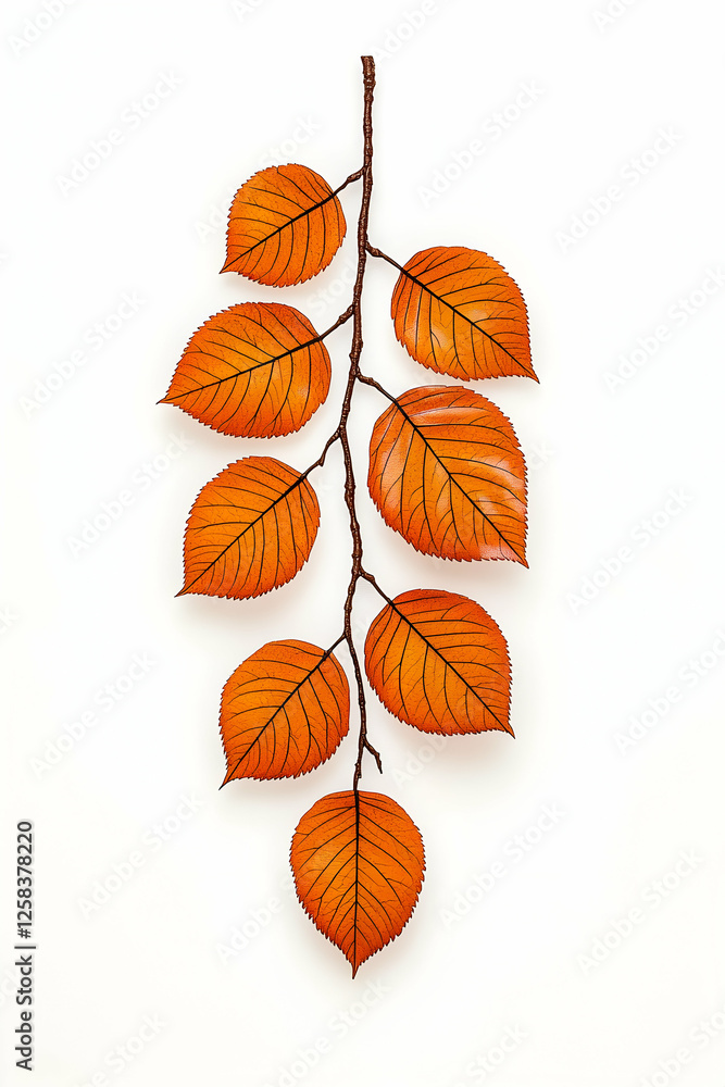 Obraz premium Autumn branch on white backdrop, leaves changing color, ideal for seasonal decorations