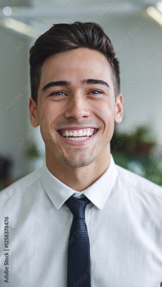 Smiling young man in a white shirt and tie standing in an office setting during daytime Smiling young man in a white shirt and tie standing in an office setting during daytime