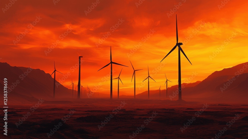 Obraz premium Sunset Over Wind Turbines in a Desert Landscape at Dusk