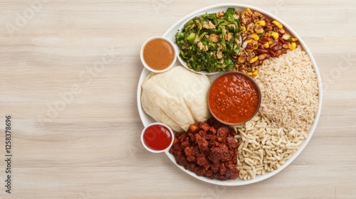 Traditional Haitian Cuisine Platter with Rice, Vegetables, and Variety of Sauces Served on a White Plate