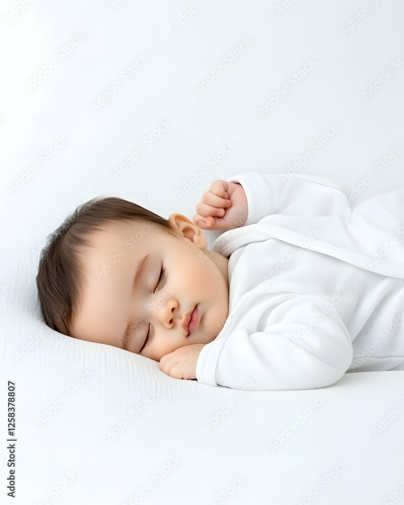 Baby asleep resting on white fabric, showcasing innocence and peaceful slumber Baby asleep resting on white fabric, showcasing innocence and peaceful slumber