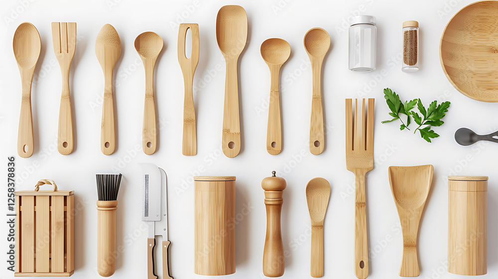 Set of bamboo kitchen utensils arranged neatly, isolated on a white background. Set of bamboo kitchen utensils arranged neatly, isolated on a white background.