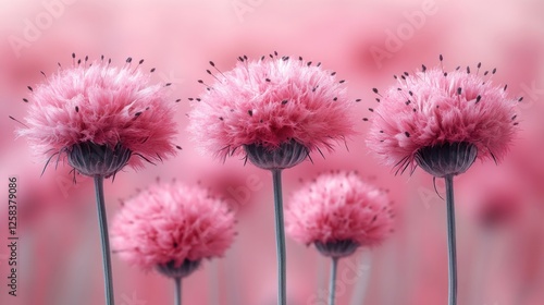 Vibrant pink fluffy flowers in a serene garden setting with a soft blurred background