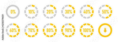 Circle loading or circle progress collection. Set of circle percentage diagrams for infographics 0 10 20 30 40 50 60 70 80 90 100 percent in yellow color. Vector infographics set.