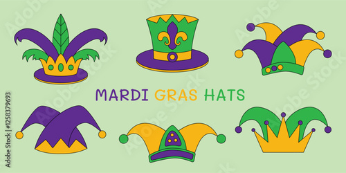 Mardi Gras jester hats collection in purple, green, and gold. Colorful Mardi Gras hats set with festive jester designs