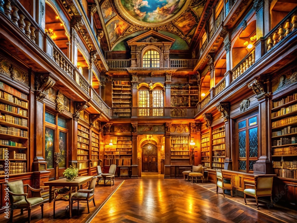 Fototapeta premium Renaissance Library: Scholar's Refuge - Towering Bookshelves & Ornate Interiors