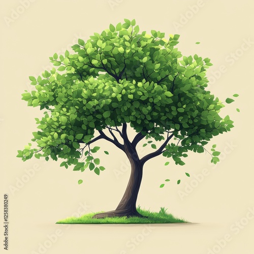 Vibrant Green Leafed Tree Cartoon Style Illustration On Earth Mound For Natural Background Element