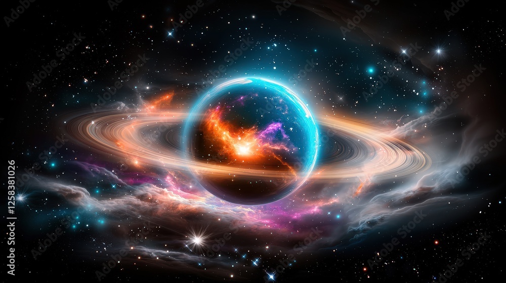 A surreal, colorful nebula glowing with rich shades of teal, orange, and violet, surrounded by shimmering stars and wisps of cloud, offering a breathtaking celestial atmosphere.