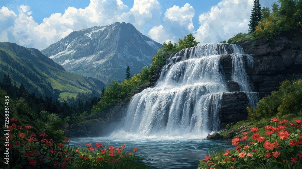 Fototapeta premium Serene Waterfall Cascading Down Rocky Mountain Landscape