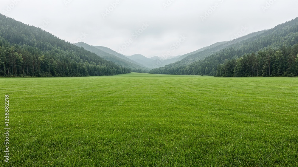Lush green valley meadow, mountains, overcast sky; nature, travel Lush green valley meadow, mountains, overcast sky; nature, travel
