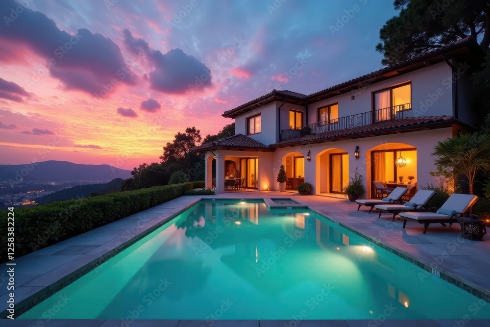 Sun-drenched villa, inviting pool, twilight sky, idyllic, view