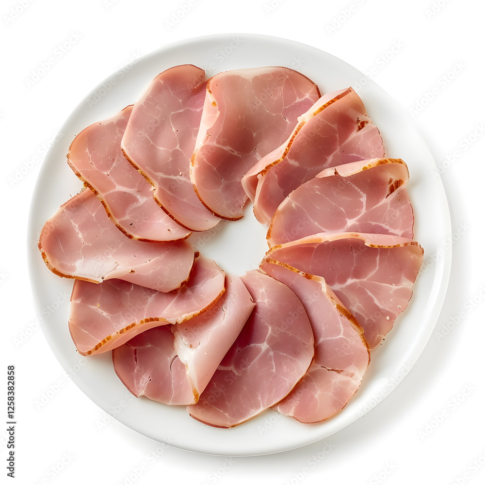 Top view sliced boiled ham isolated on white background Top view sliced boiled ham isolated on white background