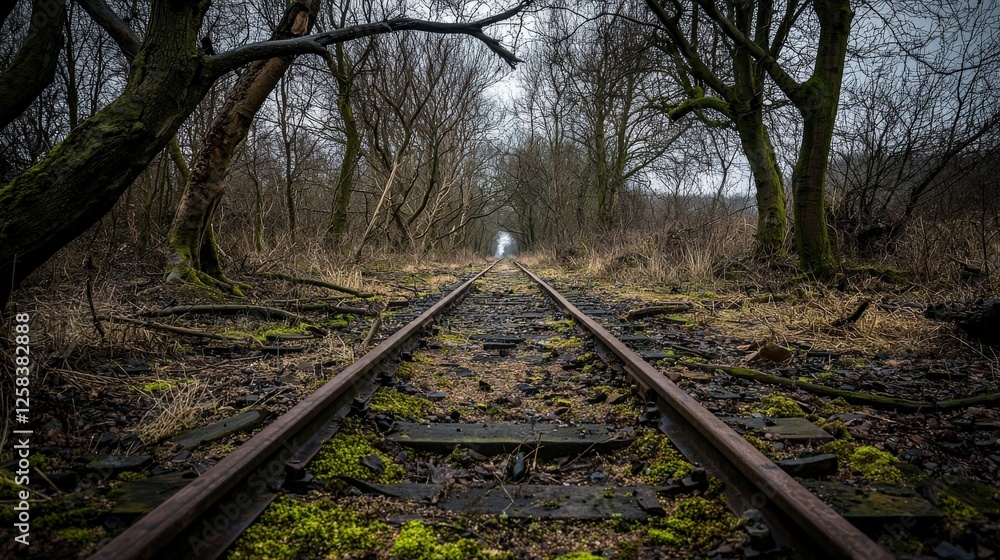 Fototapeta premium Exploring an abandoned railway path surrounded by towering trees in a serene natural environment