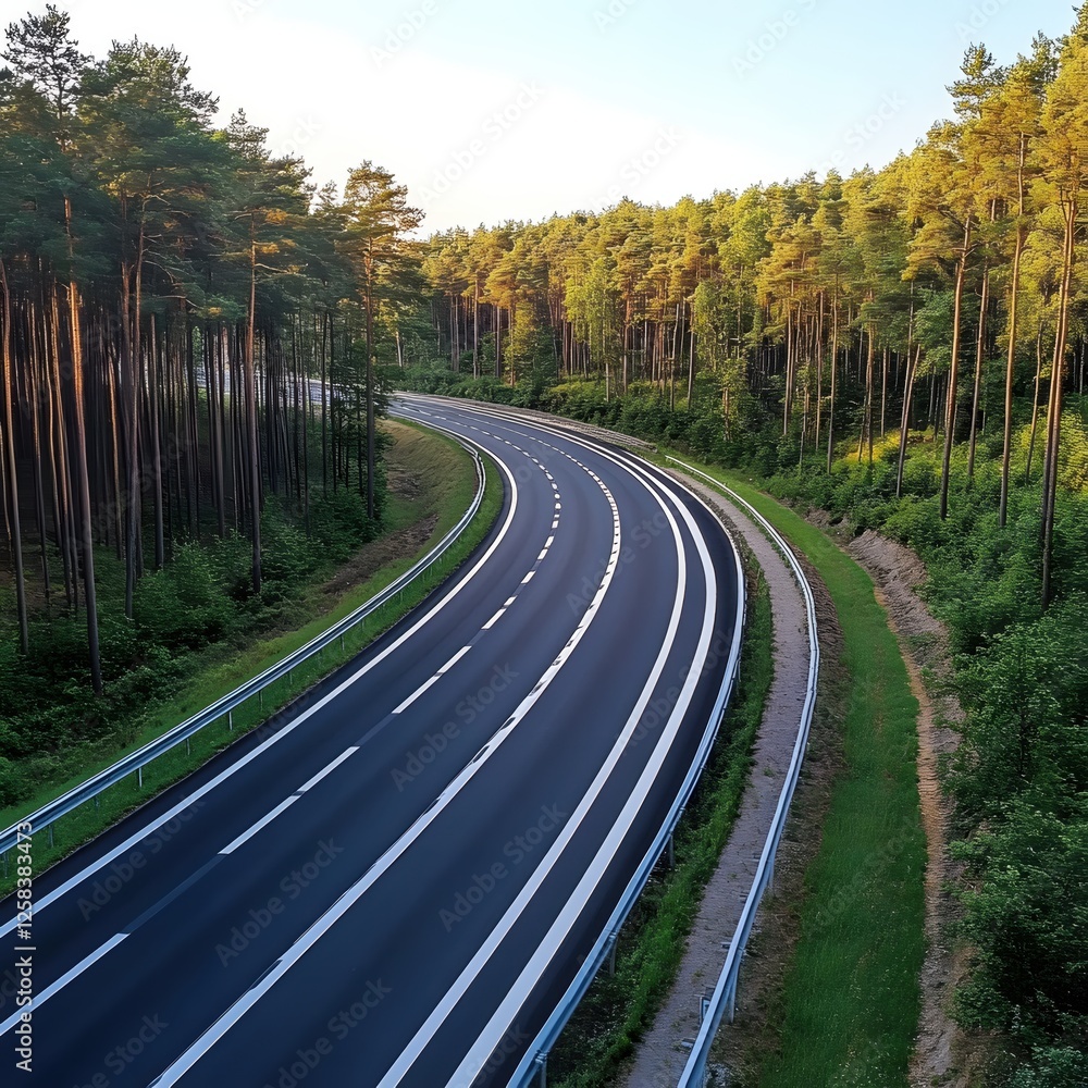 Fototapeta premium Serene Highway Through Forest Trees A Scenic Route for Travel and Transportation in Nature