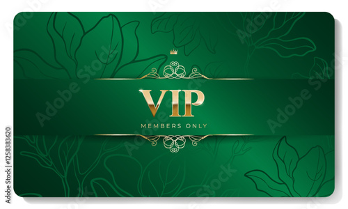 Green and gold luxury premium VIP card with crown, floral pattern for club members only, casino, invitation. Vector illustration