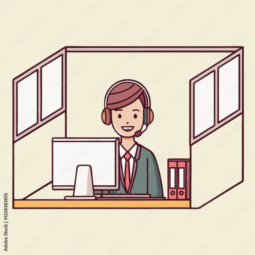 A customer service representative wearing a headset, assisting a customer over the phone in an office cubicle. Cartoon A customer service representative wearing a headset, assisting a customer over the phone in an office cubicle. Cartoon