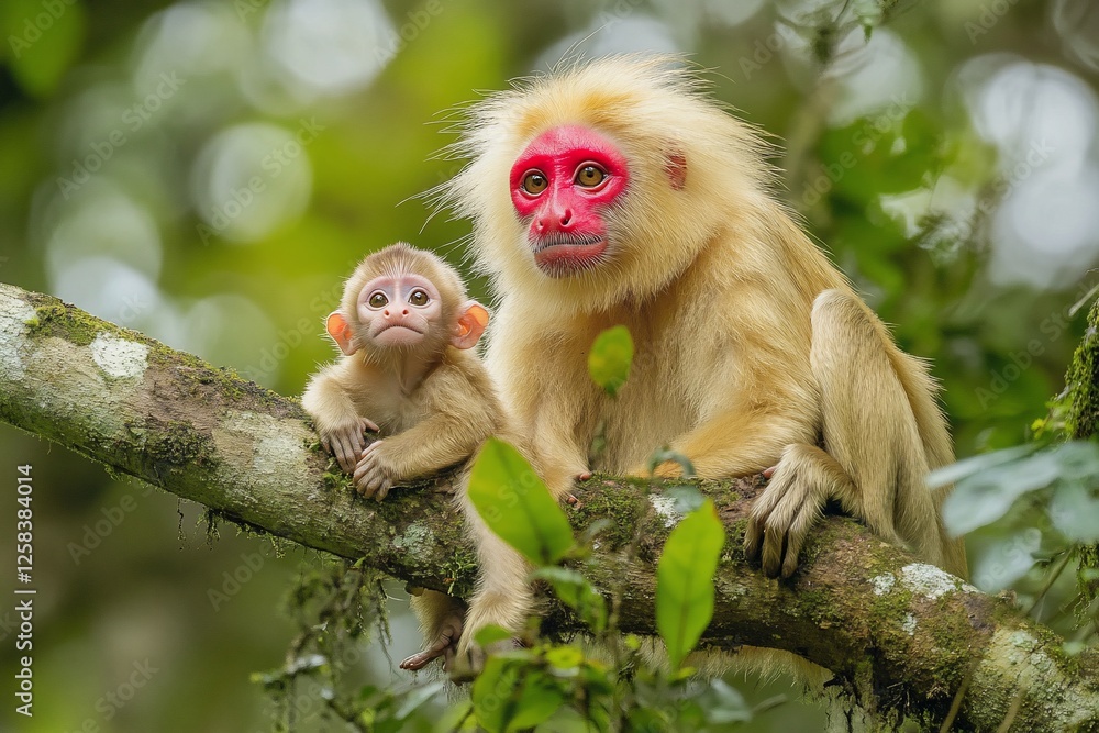 Fototapeta premium Red-faced monkey mother and baby sitting on a tree branch in a lush green forest.