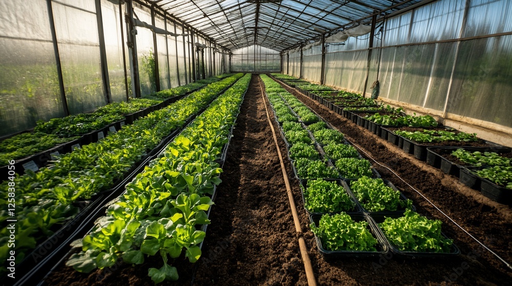 Rows of young lettuce plants growing in a greenhouse, sunlight streams in. Rows of young lettuce plants growing in a greenhouse, sunlight streams in.