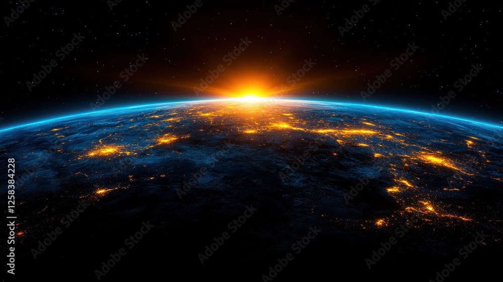 Fototapeta premium Earth sunrise city lights cosmos