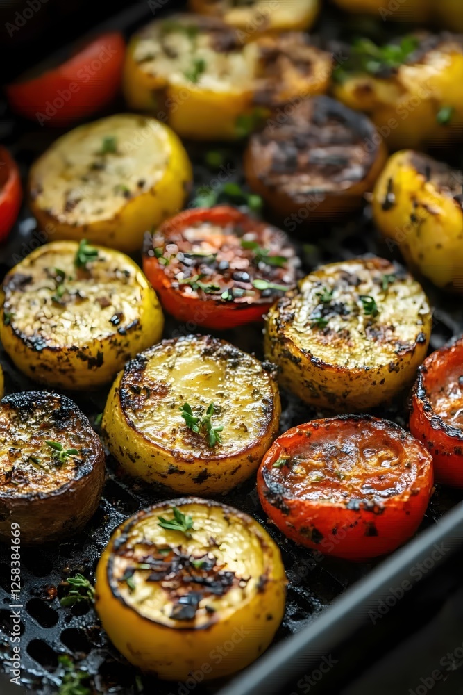 Delicious Grilled Vegetables Close Up Featuring Tomato and Zucchini with Fresh Herb Garnish Delicious Grilled Vegetables Close Up Featuring Tomato and Zucchini with Fresh Herb Garnish