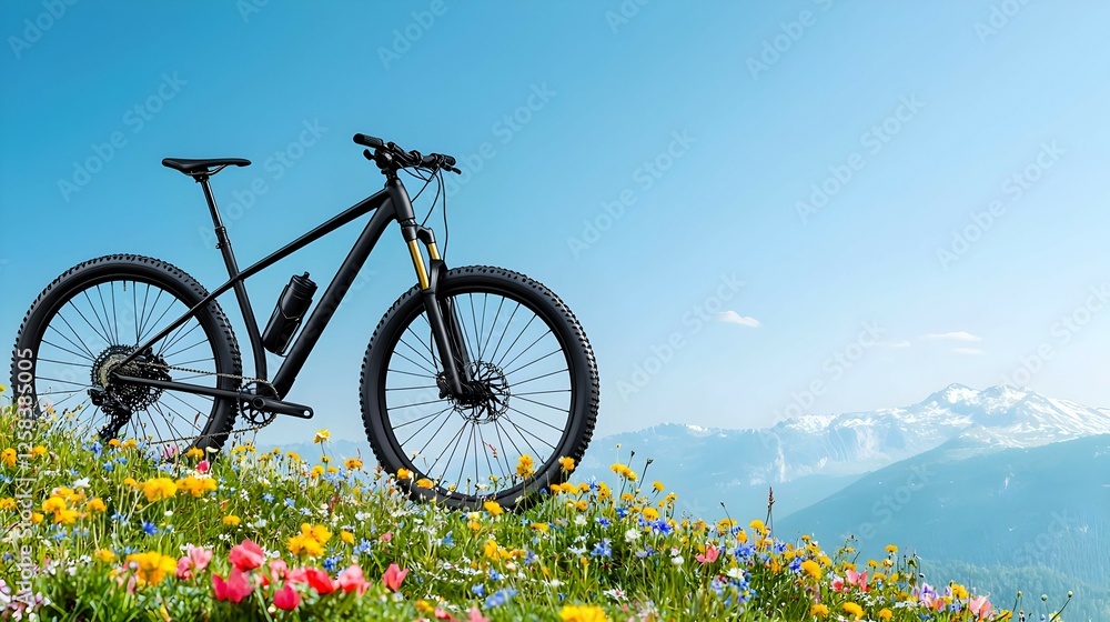Fototapeta premium Mountain Bike In Wildflower Meadow At Sunny Alpine Landscape