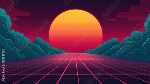 Vibrant Retro Sunset with Grid Landscape and Colorful Clouds