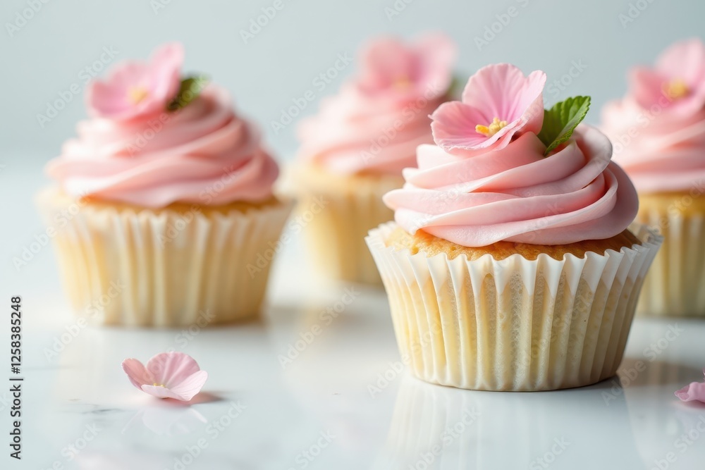 Elegant pastel-colored cupcakes with whipped cream and edible flowers arranged artfully on a clean white surface , food, baking, desserts Elegant pastel-colored cupcakes with whipped cream and edible flowers arranged artfully on a clean white surface , food, baking, desserts