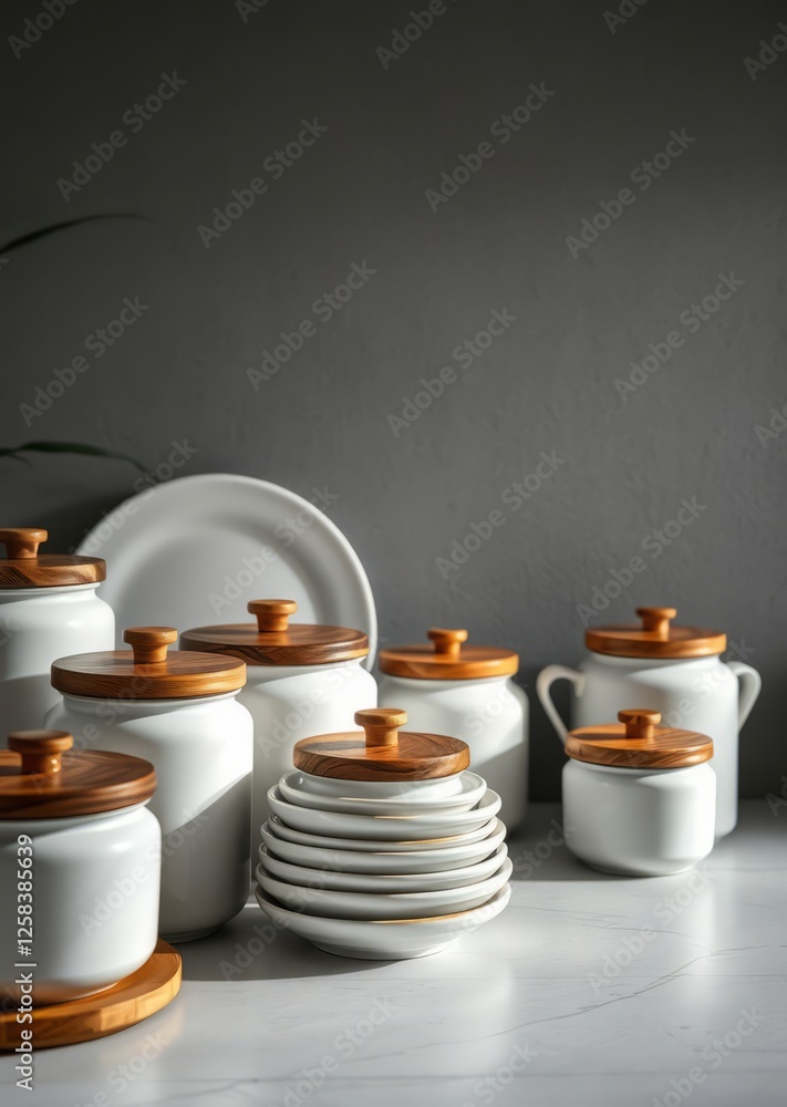 White ceramic dishes and jars with wooden lids on the countertop kitchen background grey textured wall a place for a text bamboo house background beautiful bamboo asian seaport baltic sea antebellum
