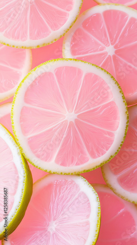 Pink lemon slices with green rinds on a bright background
