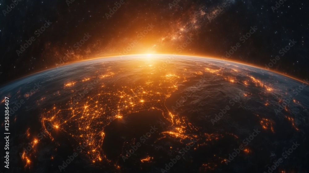 Obraz premium Earth Sunrise over Cities, Space Perspective