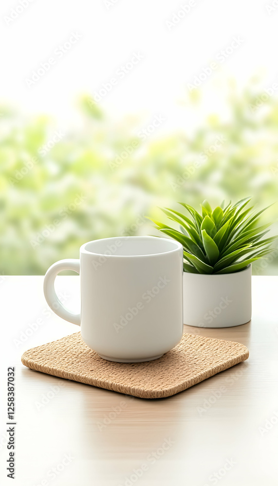 Cozy desk setup with a mug on a coaster and greenery plant for work or relaxing ambiance Cozy desk setup with a mug on a coaster and greenery plant for work or relaxing ambiance