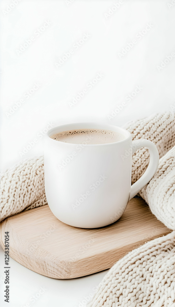 Cozy coffee break with a mug on wood board and white background. Perfect for a relaxed moment Cozy coffee break with a mug on wood board and white background. Perfect for a relaxed moment